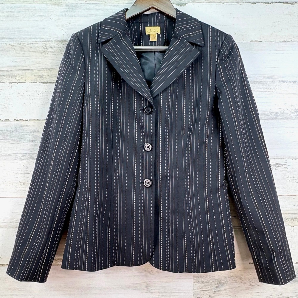Caslon Womens Wool Blend Pinstripe Blazer Jacket Black Size 6 Lined Business Y2K